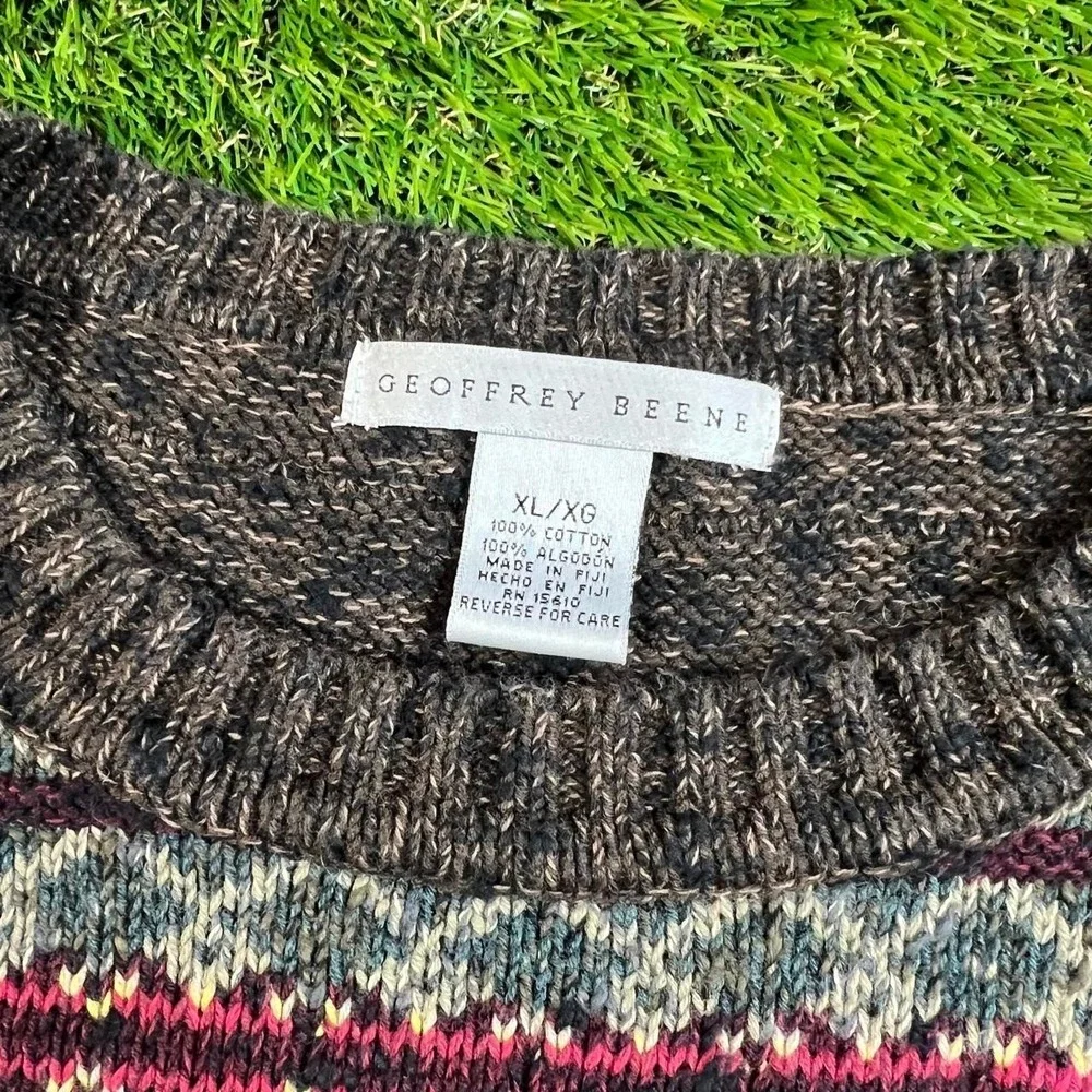 Vintage Geoffrey Beene Fair Isle Nordic Sweater XL Cotton Gray Pink 90s Knitwear